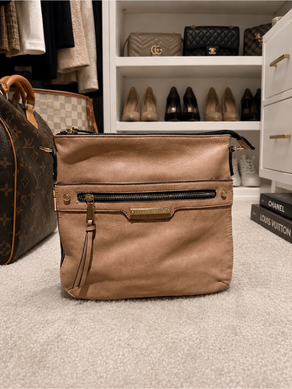 Poppy & Peonies Nude Taupe Pebbled Leather Crossbody